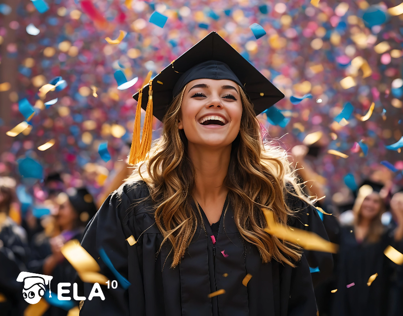 Graduate smiling with confetti