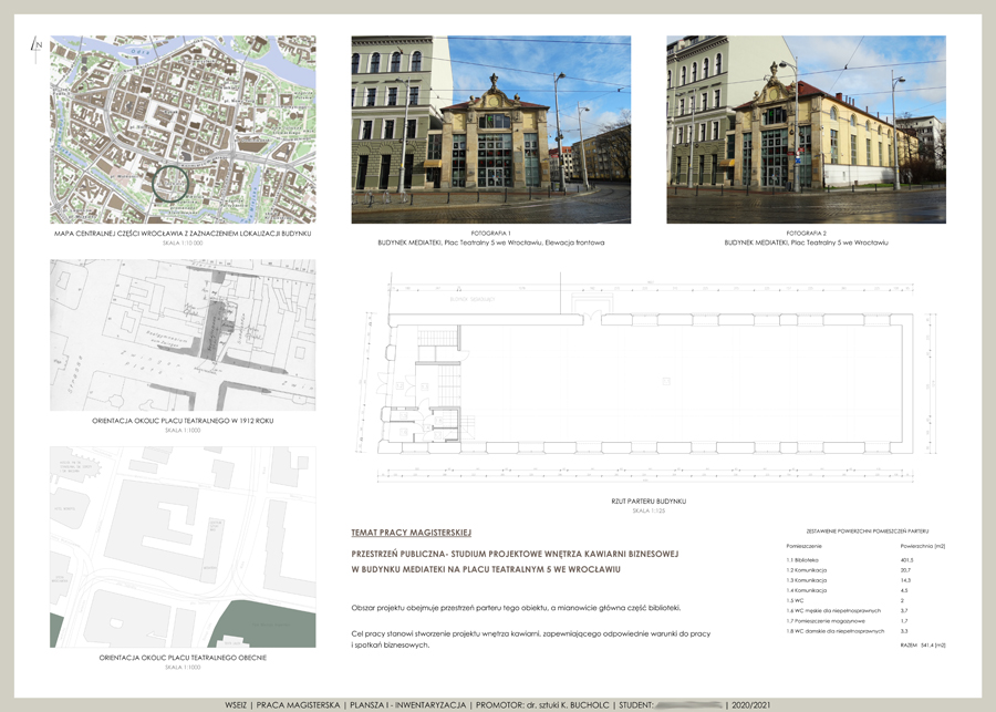 Studium projektowe wnętrza kawiarni biznesowej w budynku Mediateki na placu Teatralnym 5 we Wrocławiu — zdjęcie 1, Akademia Techniczno-Artystyczna (ATA)